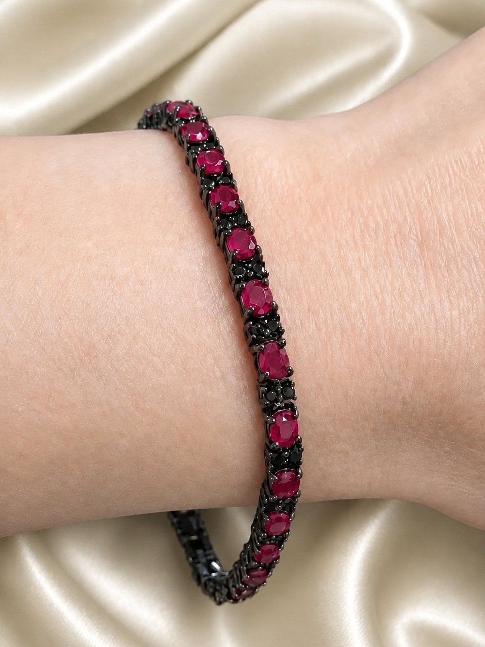 Ruby & Black Spinel, AAA 12ctw Rubies. Black rhodium over S925 Tennis Bracelet.
